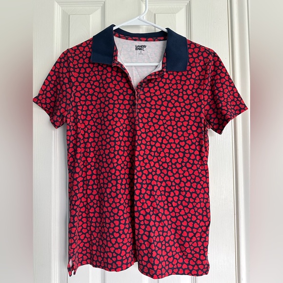 Lands' End Women Heart Print Short Sleeve Polo Shirt Red Medium 10-12 - Picture 1 of 4